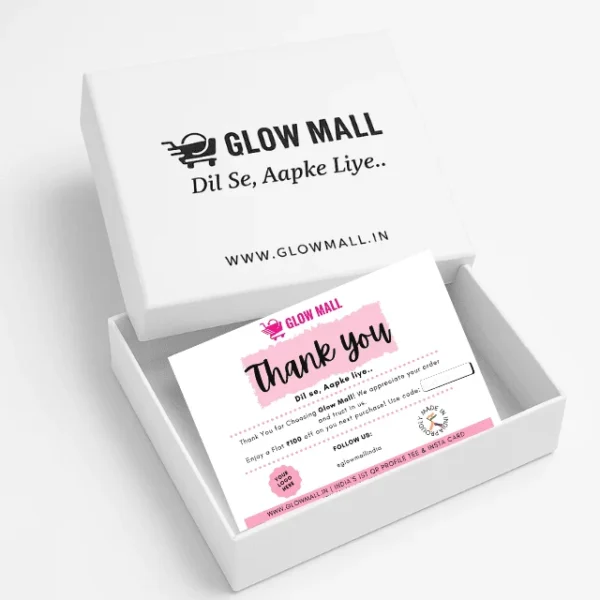 Premium White Cardboard Jewelry Packaging Box with Glow Mall Logo and Thank You Card