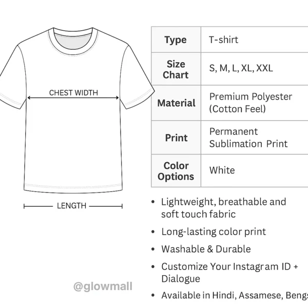 Glow Mall White T-Shirt Size Chart, Sublimation Print, Material Details with Lifetime Print Quality