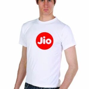 A plain white polyester t-shirt for men from Glow Mall, featuring the official blue Jio logo printed on the chest, designed as corporate staff uniform.