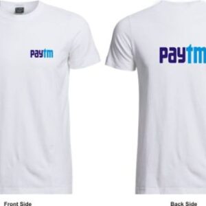 A white polyester t-shirt for men from Glow Mall, featuring the official Paytm logo printed on both the front and back, designed as a corporate uniform.