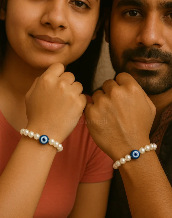 Couple Evil Eye & Pearl Beads Bracelet Combo – Unisex Spiritual Raksha Jewelry by Glow Mall