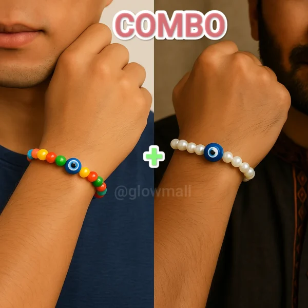 Unisex Evil Eye Bracelet Combo with Multicolor and Pearl Beads – Spiritual Protection Jewelry by Glow Mall