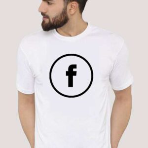 A man with a beard wearing a white Glow Mall t-shirt with the classic black circular Facebook 'f' logo printed on the front.