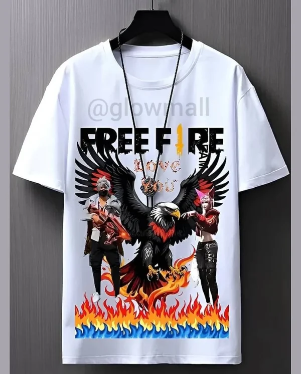 A classic white Glow Mall unisex t-shirt with a vibrant Garena Free Fire graphic print, displayed on a hanger.