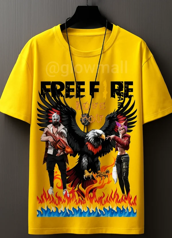 A vibrant yellow Glow Mall unisex t-shirt with a Free Fire character and eagle graphic, hanging against a dark background.