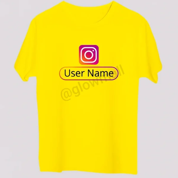 Glow Mall personalized Instagram username printed T-shirt – white, blue, yellow colors – sublimation design on polyester