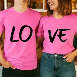 A couple wearing the Glow Mall 'LOVE' matching white t-shirt set. The man wears 'LO' and the woman wears 'VE'.