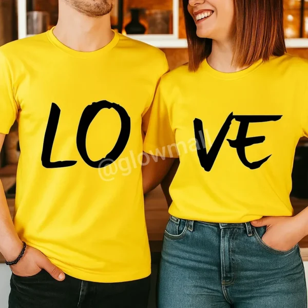 A couple wearing the cheerful yellow Glow Mall 'LOVE' matching t-shirt set, with the word 'LOVE' split between his and her shirts.