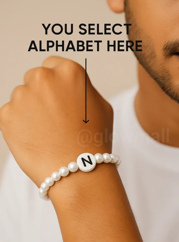 Glow Mall Custom Initial Letter Bead Bracelet - Personalized White Beads with N Charm (Choose A-Z)