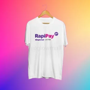 A white polyester t-shirt from Glow Mall featuring the official purple RapiPay logo and 'Simple hai!' tagline, designed as a uniform for agents and Adhikaris.