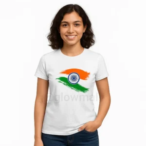 Glow Mall Girls’ Republic Day T-Shirt – Tricolor Design – 160 GSM Polyester – White & Yellow – Slim Fit | Round Neck