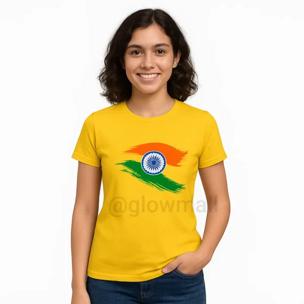 A vibrant yellow polyester t-shirt for girls from Glow Mall, featuring a sublimation printed tricolor Indian flag (Tiranga) design.