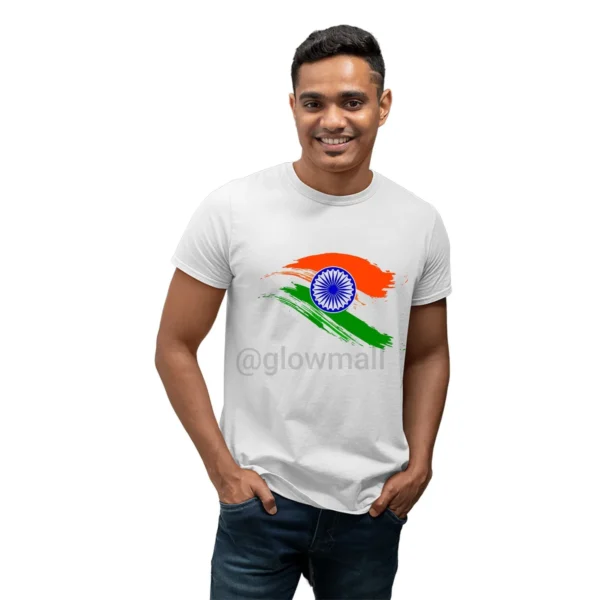 A classic white polyester t-shirt for men from Glow Mall, featuring a vibrant, sublimation-printed tricolor Indian flag (Tiranga) design.