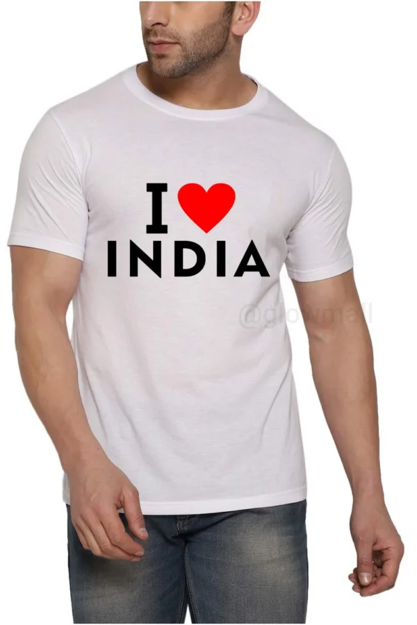 A man models the white 'I Love India' patriotic t-shirt for men and women by Glow Mall, featuring a classic red heart design and fade-proof print.