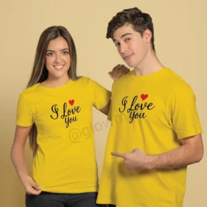 A young couple wearing matching yellow Glow Mall t-shirts with the phrase 'I Love You' and a red heart printed on the front.