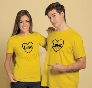 Glow Mall “Love” Heart Couple T-Shirt Combo | Matching Yellow Tees for Men & Women