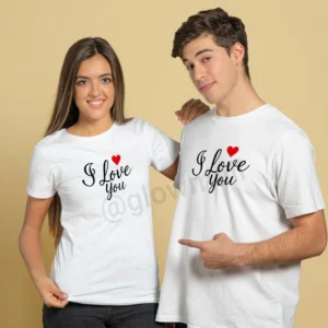 A young couple wearing matching yellow Glow Mall t-shirts with the phrase 'I Love You' and a red heart printed on the front.