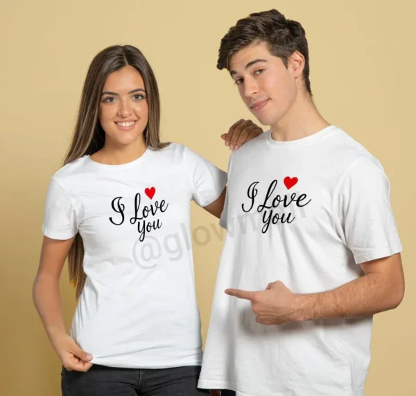 A young couple wearing matching yellow Glow Mall t-shirts with the phrase 'I Love You' and a red heart printed on the front.