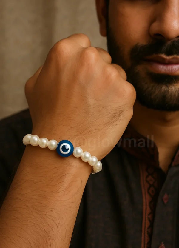 Men's Evil Eye & Pearl Beads Bracelet – Unisex Spiritual Raksha Kada by Glow Mall