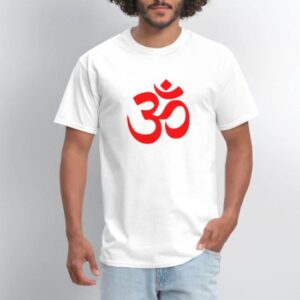 Glow Mall ka White T-shirt jis par laal rang ka pavitra Om (ॐ) ka symbol bana hai, jo lifetime chalta hai.