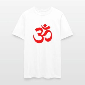 White unisex polyester t-shirt with a sacred red Om symbol printed on the front.