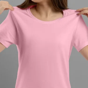 A plain, soft pink round-neck t-shirt for women from the Glow Mall brand, available for purchase online in India.