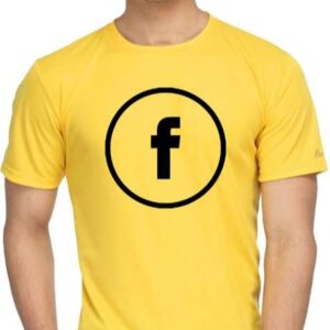 social-media-graphic-tee-glow-mall A man with a beard wearing a white Glow Mall t-shirt with the classic black circular Facebook 'f' logo printed on the front.
