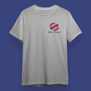 A white polyester t-shirt from Glow Mall featuring the official Spice Money logo and text printed on the front, designed as a uniform for Adhikaris.