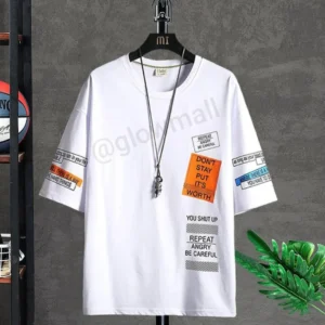Urban Patchwork Printed T-shirt for men by Glow Mall in white, featuring Korean streetwear style with multiple statement text patches on the front and sleeves.