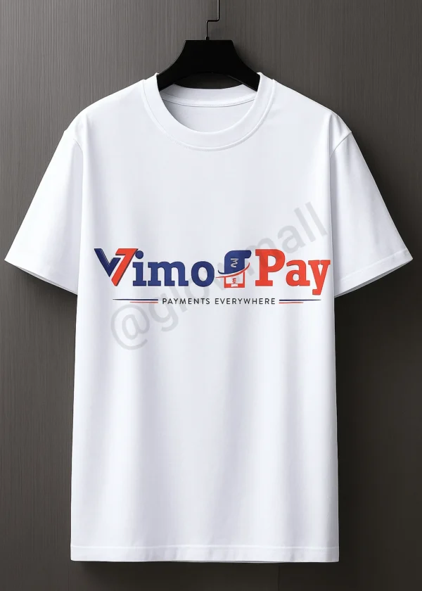 A vibrant yellow polyester t-shirt from Glow Mall, featuring the Vimo Pay logo and 'Payments Everywhere' tagline, designed as a uniform for merchants and agents.