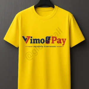 vimo-pay-logo-tshirt-yellow-glow-mall A vibrant yellow polyester t-shirt from Glow Mall, featuring the Vimo Pay logo and 'Payments Everywhere' tagline, designed as a uniform for merchants and agents.
