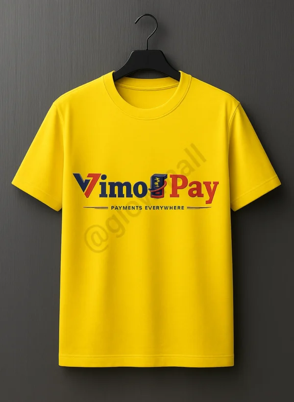 A vibrant yellow polyester t-shirt from Glow Mall, featuring the Vimo Pay logo and 'Payments Everywhere' tagline, designed as a uniform for merchants and agents.