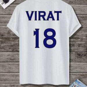 Back of a white Glow Mall fan t-shirt with 'VIRAT' and the jersey number '18' printed in bold blue text.