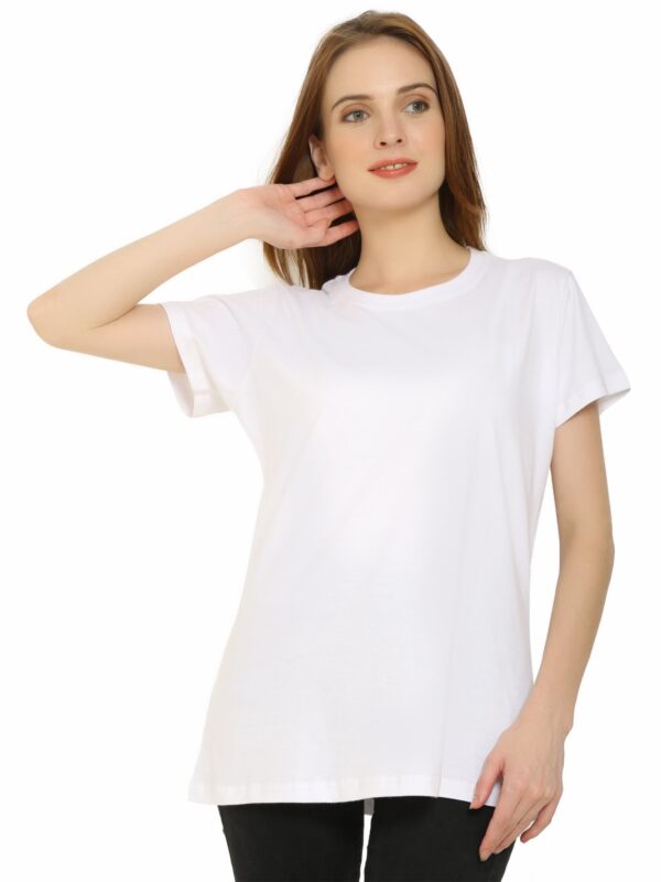 A plain white round-neck polyester t-shirt for girls from Glow Mall, a versatile 160 GSM washable wardrobe staple.