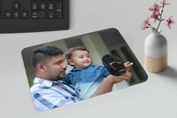 After Personalised design like see image at Glow Mall mousepad on a desk with the text 'YOUR TEXT, PHOTO, OR LOGO HERE', indicating it is a customizable product for personalization.
