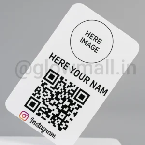 A template for the Glow Mall personalized Instagram card, showing placeholders for 'HERE YOUR IMAGE' and 'HERE YOUR NAME' on a blank PVC wallet card.