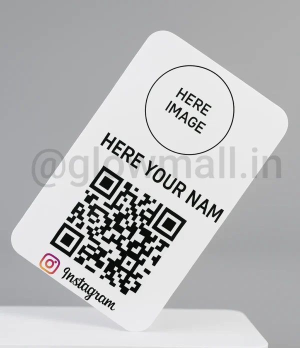 A template for the Glow Mall personalized Instagram card, showing placeholders for 'HERE YOUR IMAGE' and 'HERE YOUR NAME' on a blank PVC wallet card.