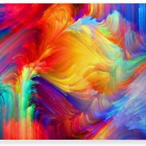 A Glow Mall mousepad with a vibrant abstract art design featuring a burst of swirling colors like red, yellow, blue, and green.