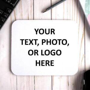 A blank white Glow Mall mousepad on a desk with the text 'YOUR TEXT, PHOTO, OR LOGO HERE', indicating it is a customizable product for personalization.