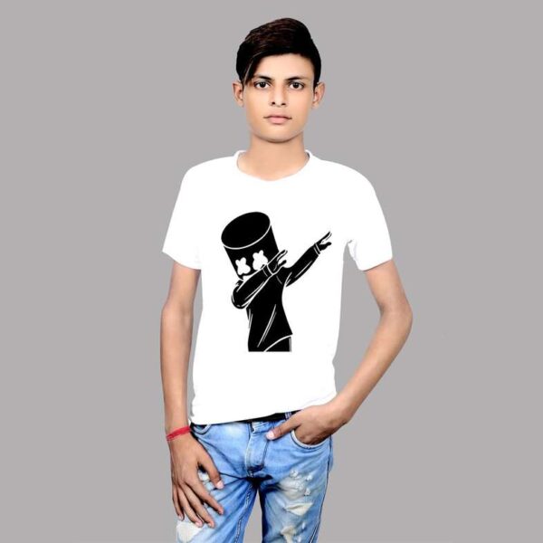 A young boy wearing a white Glow Mall t-shirt with a black graphic of the DJ Marshmello character doing the dab pose.