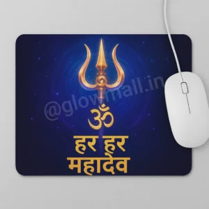 A dark blue Glow Mall mousepad featuring a golden Trishul, the Om symbol, and the Hindi mantra 'Har Har Mahadev', with a white mouse resting on it.
