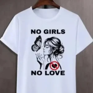 A white t-shirt from Glow Mall with a graphic of a woman and a butterfly, featuring the text 'No Girls No Love' and a crossed-out heart symbol.