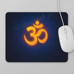 A dark blue Glow Mall mousepad featuring a glowing golden-orange Om symbol in the center, creating a spiritual and peaceful aesthetic for a desk.