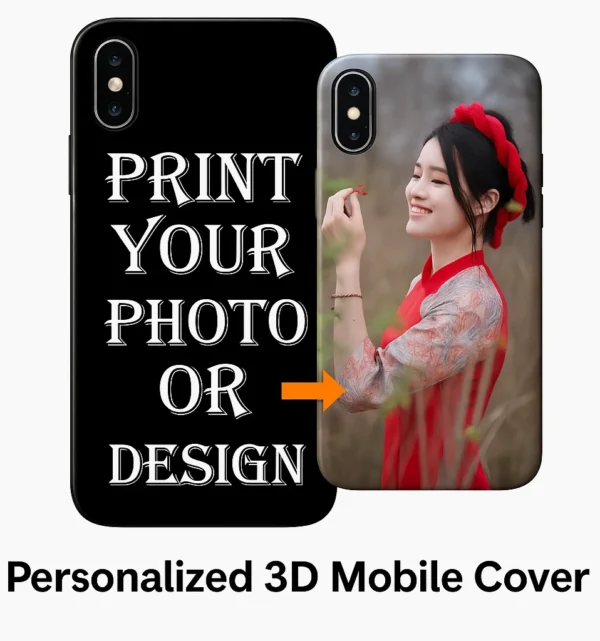 A promotional image showing how a customer's photo is transformed onto a personalized 3D mobile cover from Glow Mall.