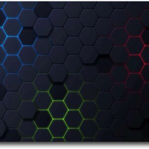 A Glow Mall gaming mousepad with a 3D hexagonal pattern design featuring glowing RGB colors like blue, green, and red on a dark background.