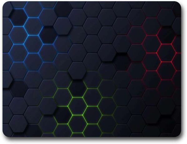 A Glow Mall gaming mousepad with a 3D hexagonal pattern design featuring glowing RGB colors like blue, green, and red on a dark background.