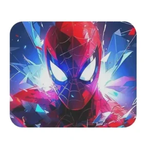 A Glow Mall mousepad with a vibrant, abstract, geometric art style of Spider-Man's face, with a white mouse resting on it.