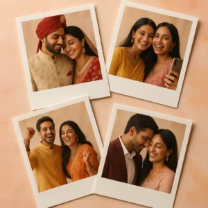A beautiful flat lay of four custom Polaroid photo prints from Glow Mall, showcasing happy Indian couples and friends during festive moments.