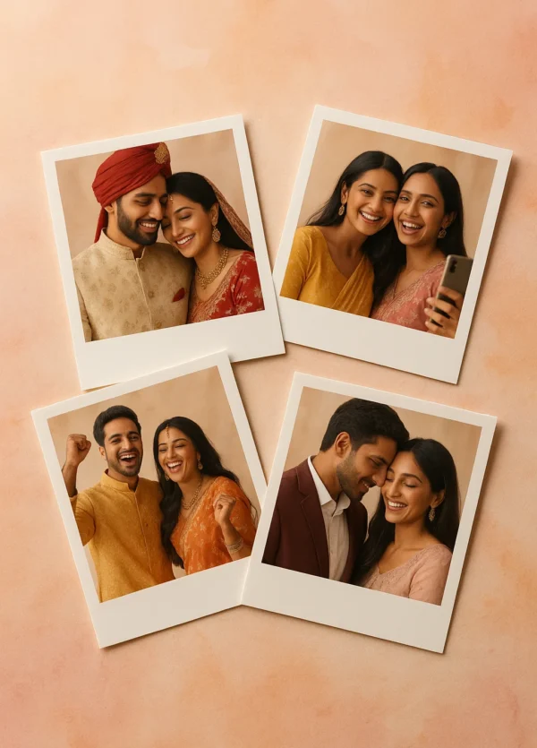 A beautiful flat lay of four custom Polaroid photo prints from Glow Mall, showcasing happy Indian couples and friends during festive moments.