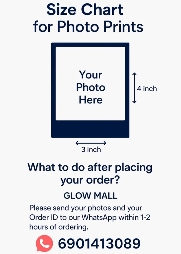 Size chart for Glow Mall's Polaroid prints showing the 4x3 inch dimension, and instructions on how to send photos via WhatsApp after ordering.